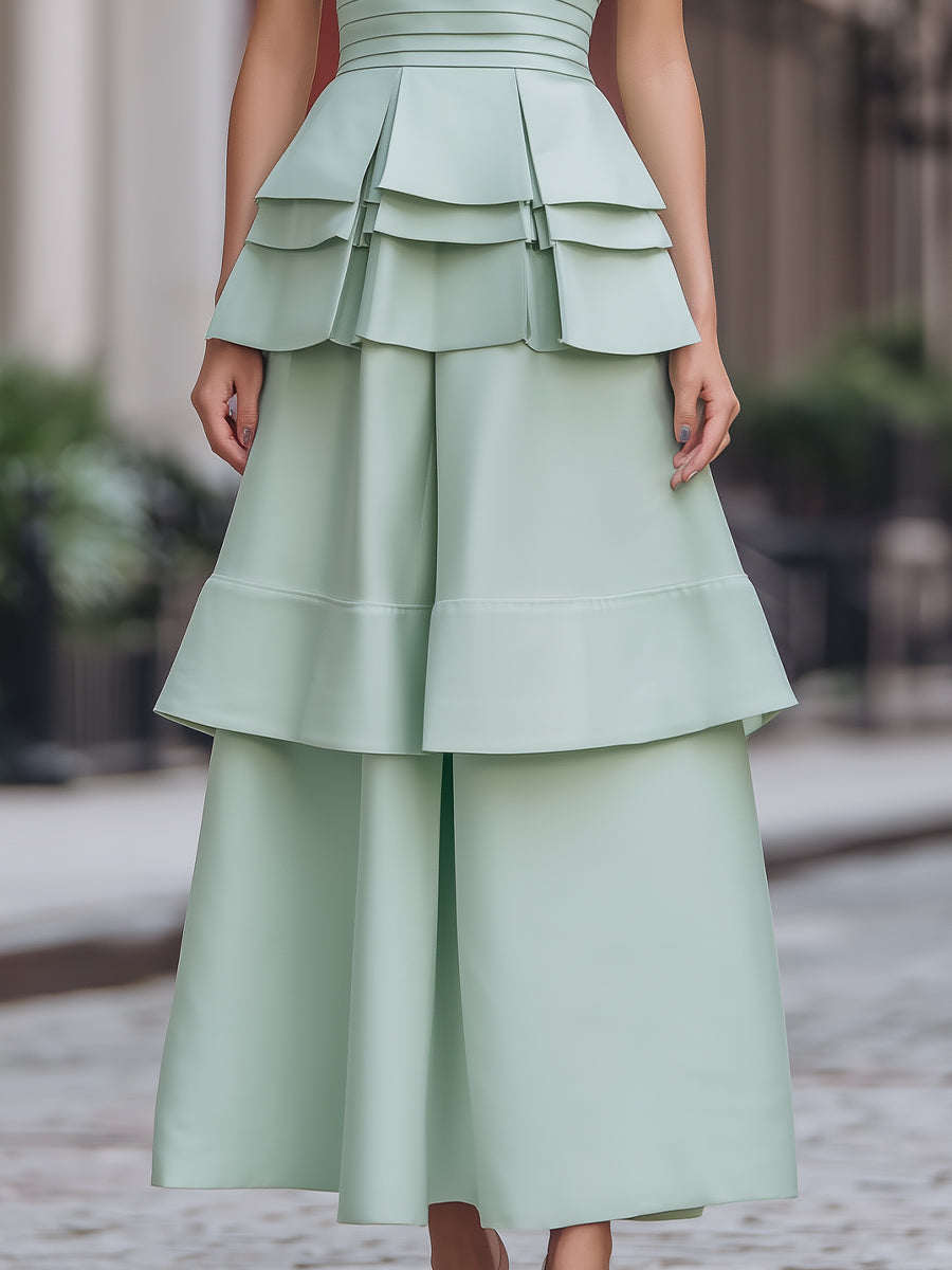 Zoraelle Mint Green Strapless Tiered Ruffle Midi Dress