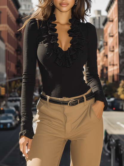 Zoraelle Black Ruffle Trim V-Neck Top - Long Sleeve Style