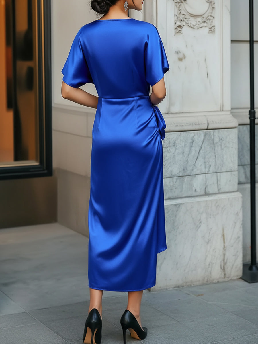 Zoraelle Royal Blue Satin V Neck Twist Waist Maxi Dress
