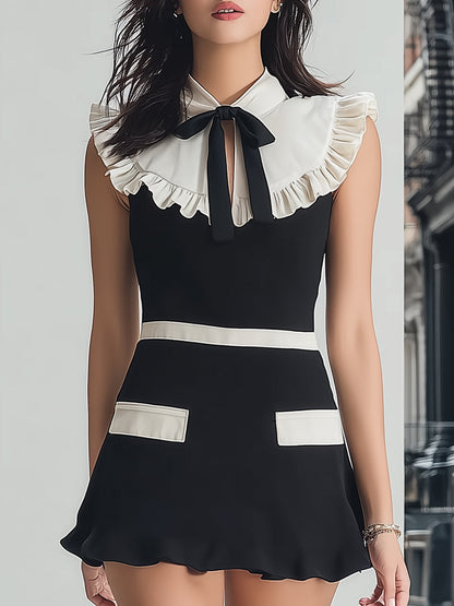 Zoraelle Black and White Mini Dress with Ruffle Collar