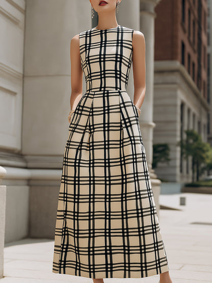 Zoraelle Cream Black Plaid Sleeveless Pleated Maxi Dress