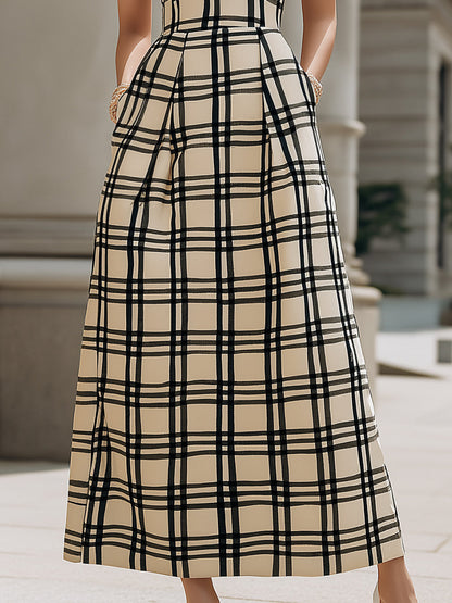 Zoraelle Cream Black Plaid Sleeveless Pleated Maxi Dress