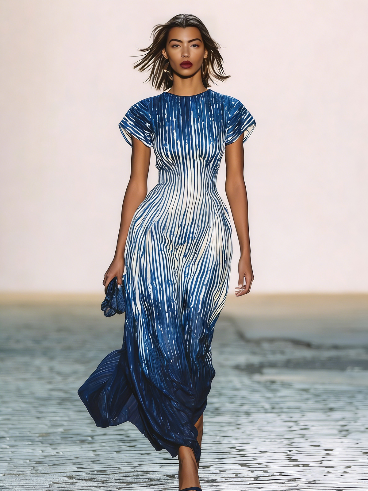 Zoraelle Blue Ombre Stripe Maxi Dress Short Sleeve Flowy