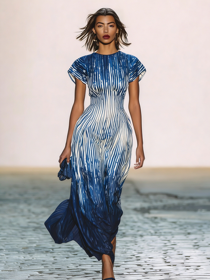 Zoraelle Blue Ombre Stripe Maxi Dress Short Sleeve Flowy