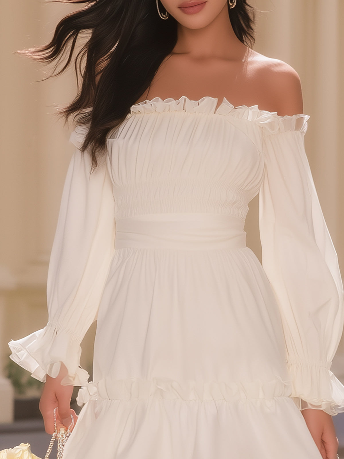 Maeyira Off-White Long Sleeve Off Shoulder Dress Ruffle Trim
