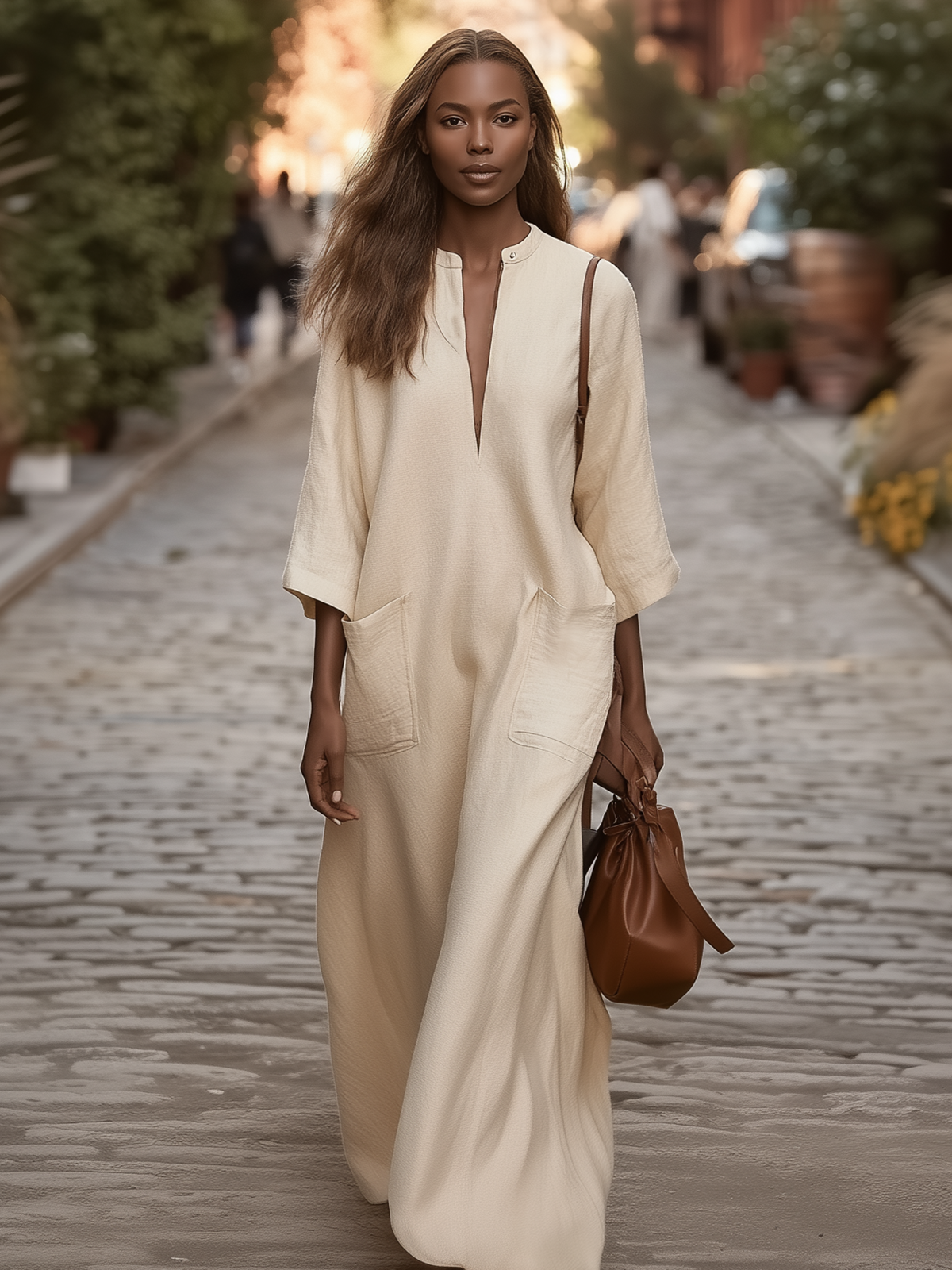 Zoraelle Cream Linen Maxi Dress with Pockets - 3/4 Sleeve V-Neck