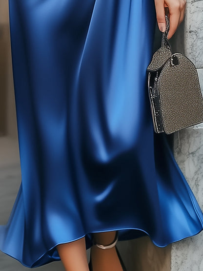Zoraelle Royal Blue Satin V Neck Twist Waist Maxi Dress