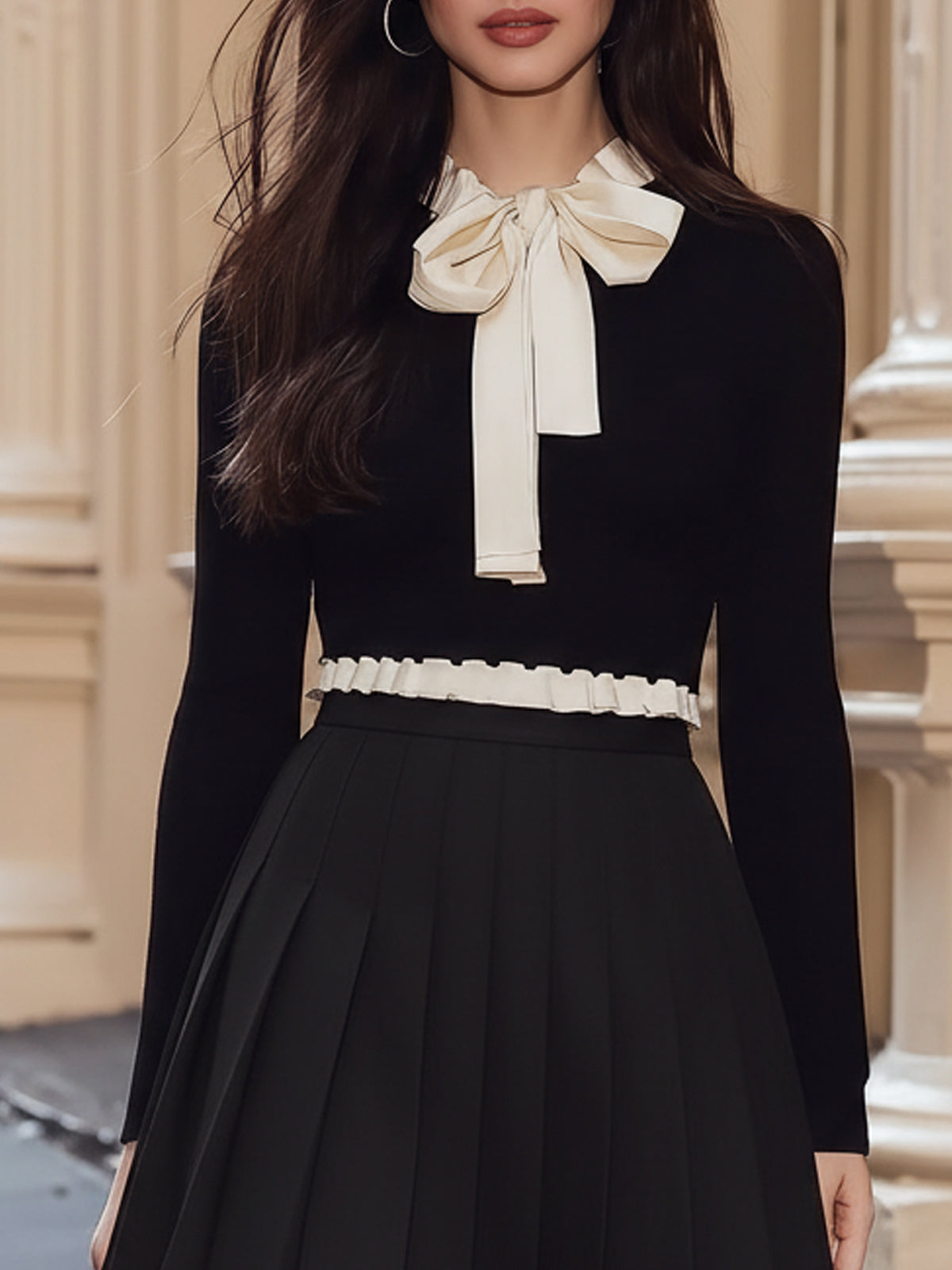 Zoraelle Black Knit Top and White Bow Pleated Skirt Two Piece Set
