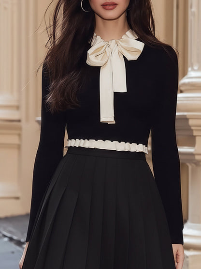 Zoraelle Black Knit Top and White Bow Pleated Skirt Two Piece Set