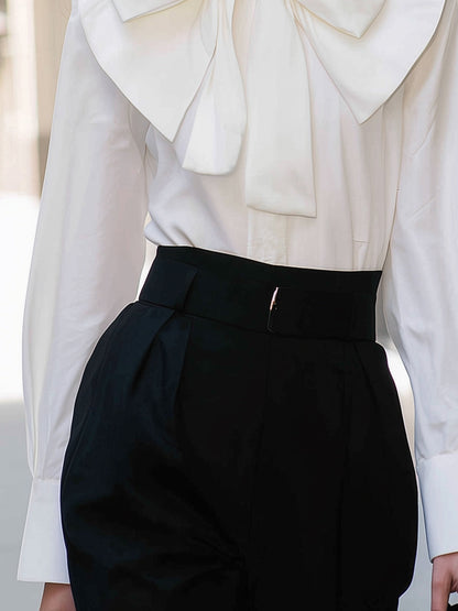 Zoraelle Chic Vintage White Shirt - Large Bow Tie & Stand-up Collar
