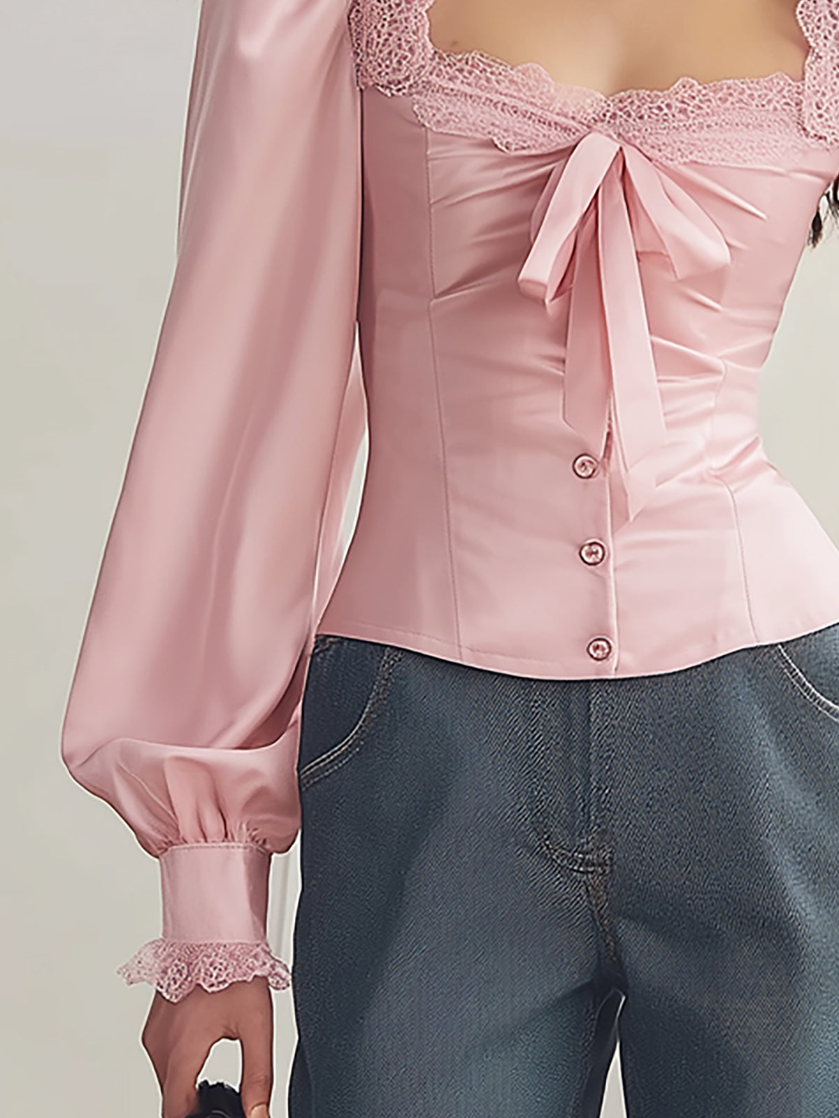 Zoraelle Blush Satin Blouse with Elegant Lace Trim - V-Neck Style