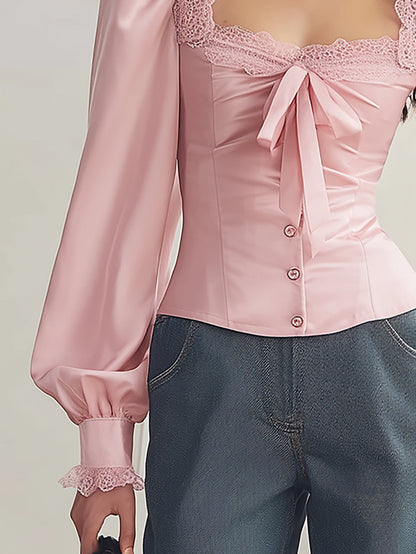 Zoraelle Blush Satin Blouse with Elegant Lace Trim - V-Neck Style