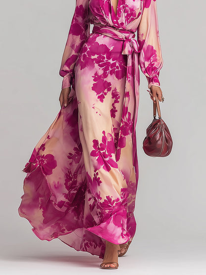 Zoraelle Pink Floral Maxi Dress Deep V-Neck Wrap Tie Waist