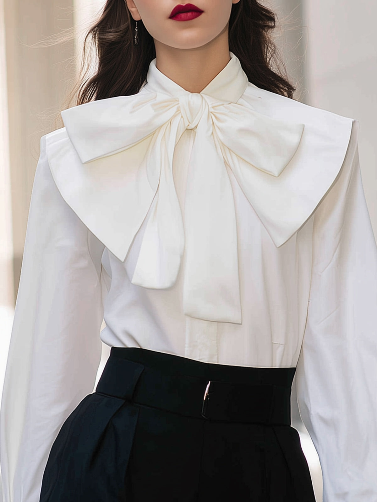 Zoraelle Chic Vintage White Shirt - Large Bow Tie & Stand-up Collar