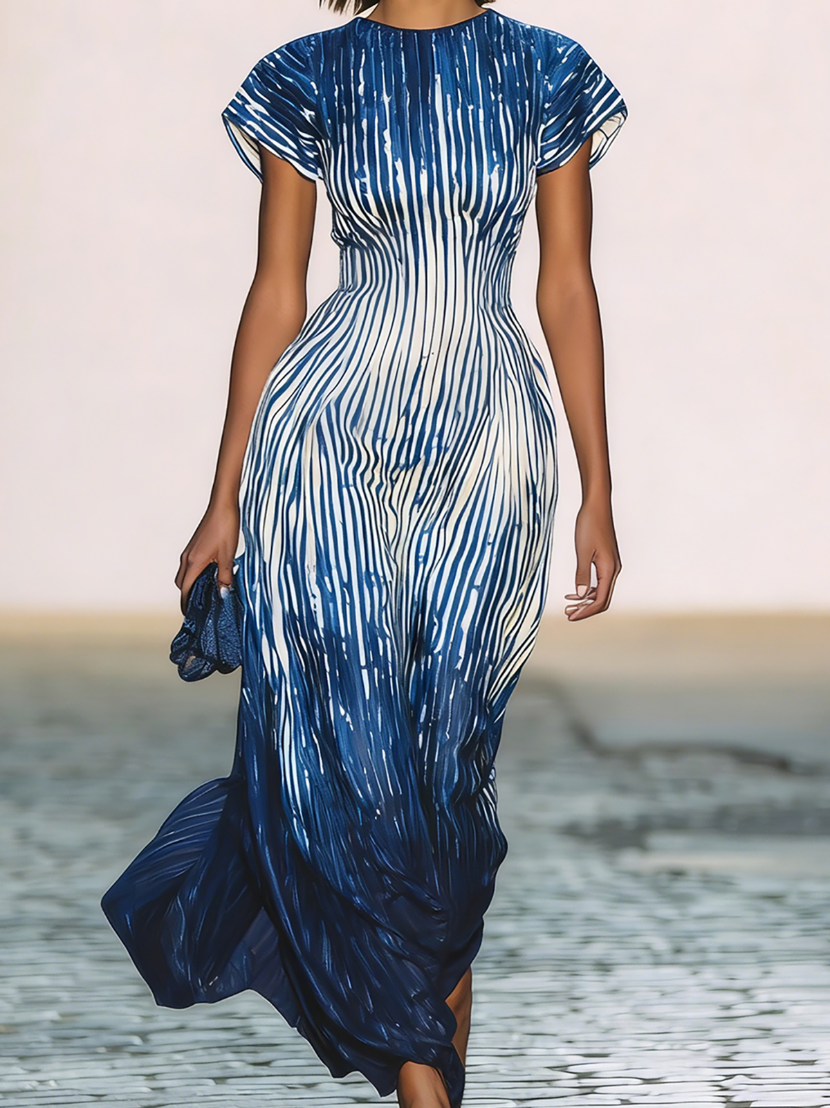 Zoraelle Blue Ombre Stripe Maxi Dress Short Sleeve Flowy