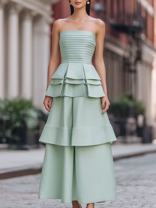 Zoraelle Mint Green Strapless Tiered Ruffle Midi Dress