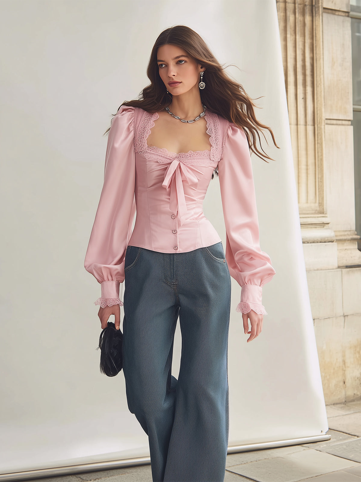 Zoraelle Blush Satin Blouse with Elegant Lace Trim - V-Neck Style