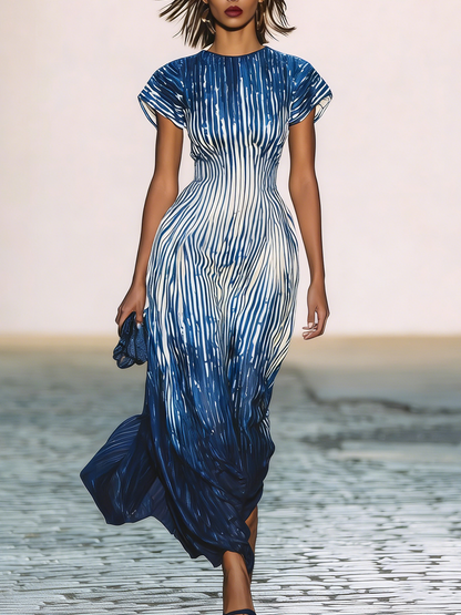 Zoraelle Blue Ombre Stripe Maxi Dress Short Sleeve Flowy