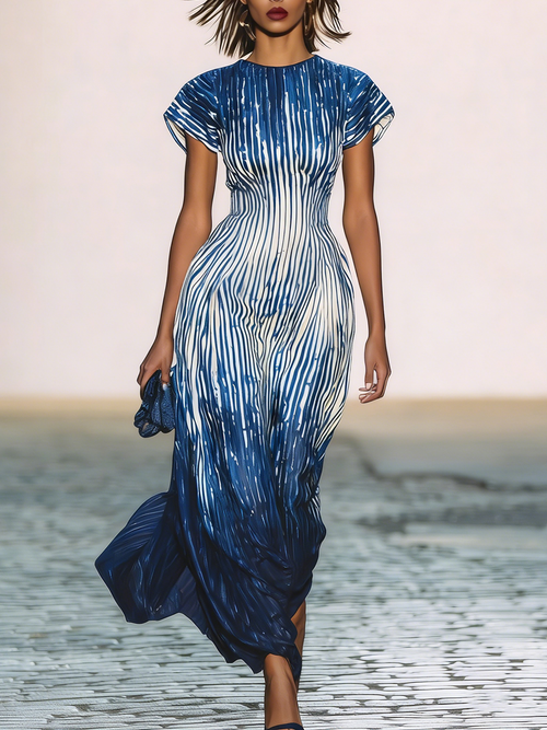 Zoraelle Blue Ombre Stripe Maxi Dress Short Sleeve Flowy