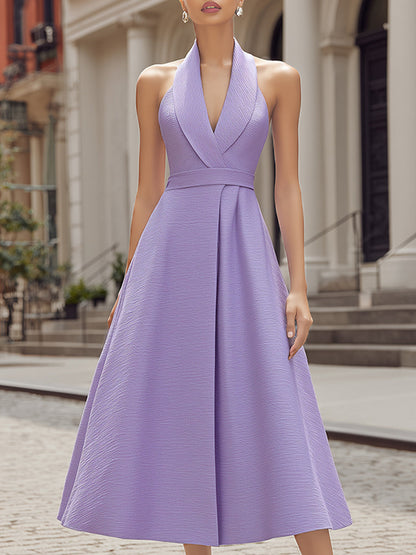 Zoraelle Lavender Halter V Neck A Line Midi Dress