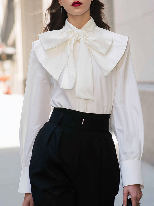 Zoraelle Chic Vintage White Shirt - Large Bow Tie & Stand-up Collar