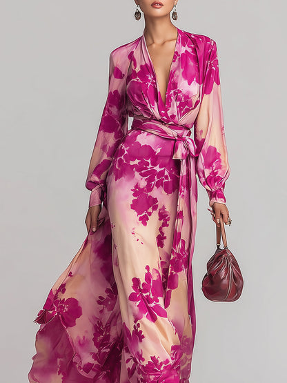 Zoraelle Pink Floral Maxi Dress Deep V-Neck Wrap Tie Waist
