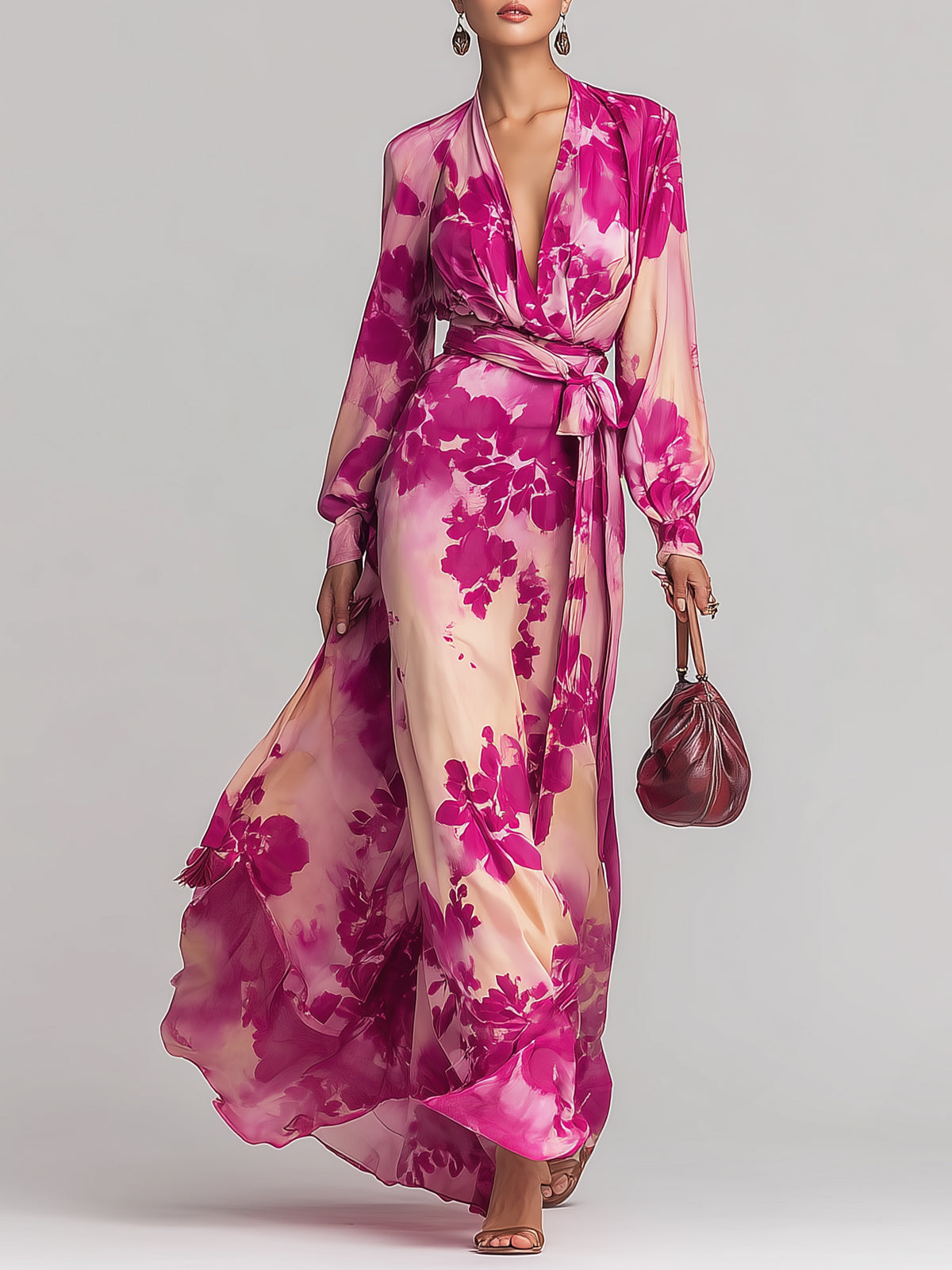 Zoraelle Pink Floral Maxi Dress Deep V-Neck Wrap Tie Waist