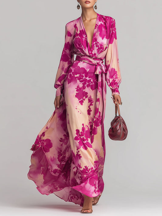 Zoraelle Pink Floral Maxi Dress Deep V-Neck Wrap Tie Waist